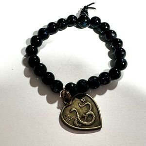 Chinese Horoscope Serpent Sign Charm Stretch Bracelet Round Blue Black Beads